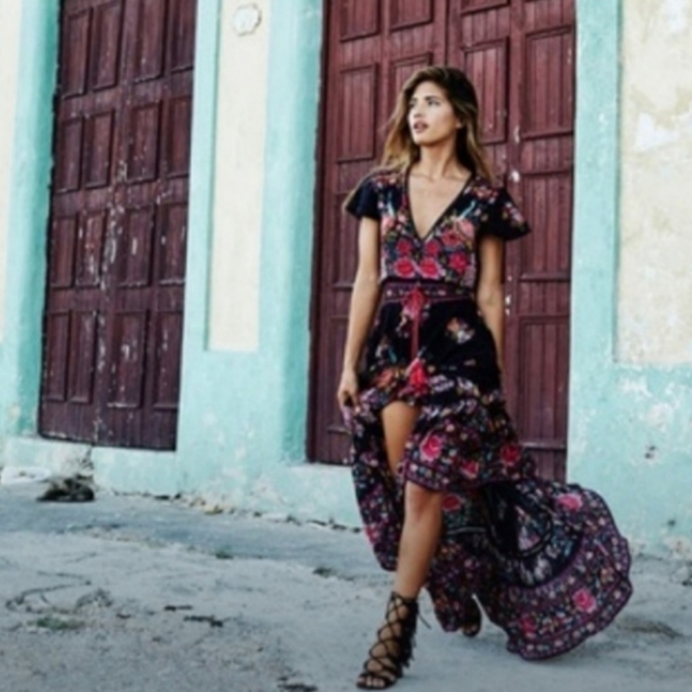 NWOT Floral Shirred Waist Tie Front Ruffle Hem Boho Sheer Dress Sz M - Picture 4 of 16